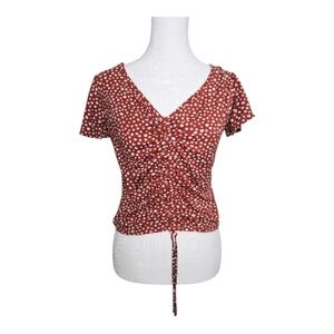 Pie in the Sky Womens Burgundy Floral Print V Neck Ruched Drawstring Top XL